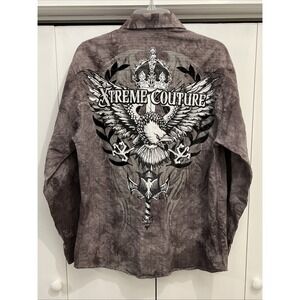 XTREME COUTURE Button Up MMA Shirt Men's M, Royalty Eagle Gothic Grunge‎ LS EUC